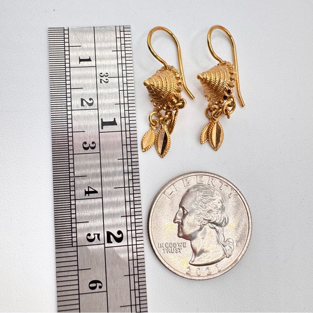 Ethnic Thai Bali Style Cone Tassel Dangle Earrings Gold Tone Dainty Festival - Picture 6 of 8